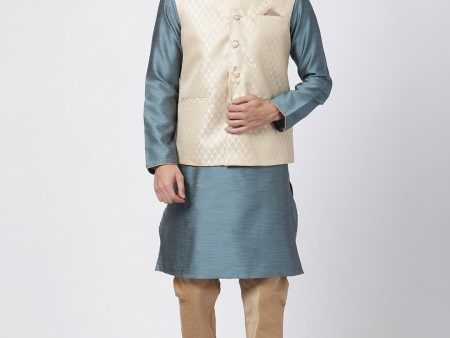 VM by Vastramay Men s Light Blue Silk Blend Jacket, Kurta And Pyjama Set Cheap