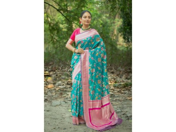 Aastha Fashion Women s Teal Banarasi Silk Meenakari Zari Woven Saree with Blouse Online now