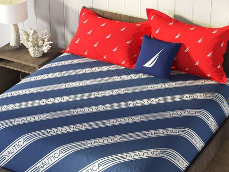 Nautica Blue & Red Striped Cotton 160 TC King Bedsheet With 2 Pillow Covers Cheap