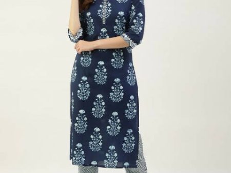 FIORRA Women s Blue Pure Cotton Straight Kurta Set For Discount