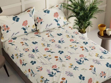 BIANCA LA-VOGUE Beige & Green Floral 152 TC Queen Bedsheet With 2 Pillow Covers For Cheap