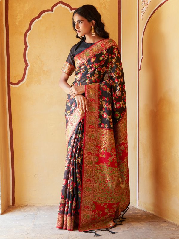 Janasya Black Chanderi Silk Pashmina Woven Design Saree Supply