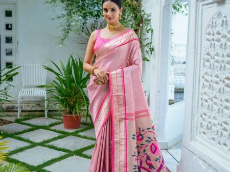 Aastha Fashion Baby Pink Woven Kanjivaram Silk Saree with Blouse Fashion