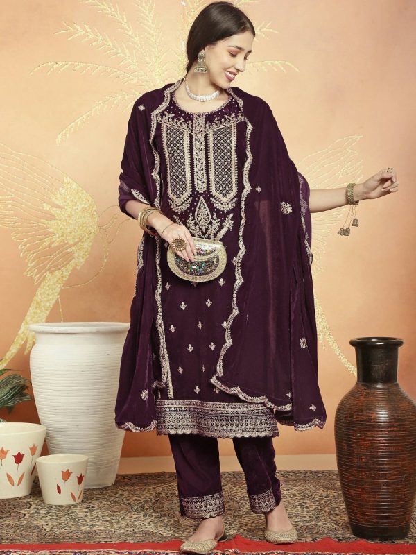 Aastha Fashion Women s Wine Velvet Cording with Resham Thread & Sequin Kurta with Trouser & Dupatta on Sale