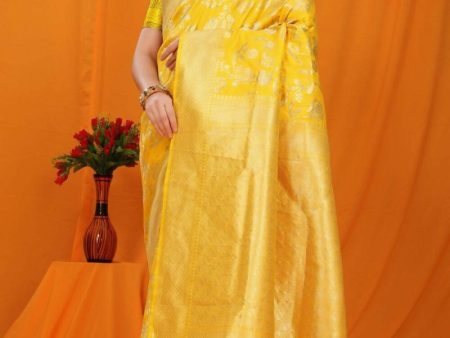 Aastha Fashion Yellow Woven Banarasi Silk Saree with Blouse Discount