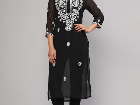 Malishka Women s Black Embroidered Georgette Straight Chikankari Kurta - Black on Sale