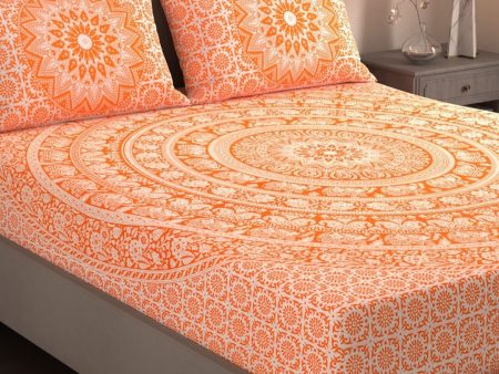 Varde Orange & White Ethnic Motifs Cotton 210 TC King Bedsheet With 2 Pillow Covers on Sale