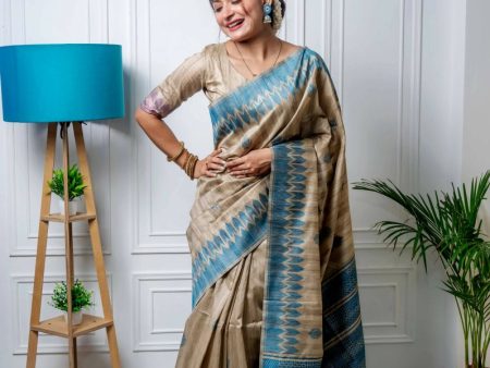 Aastha Fashion Blue Thread Woven Handloom Tussar Silk Saree with Blouse Online now