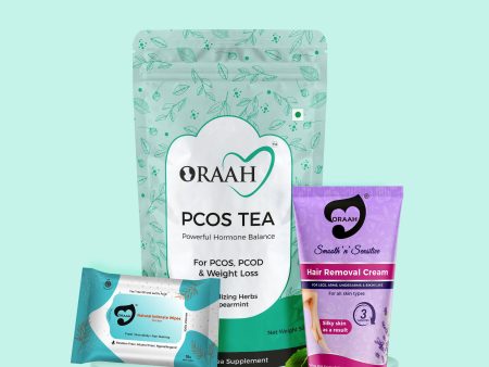 Oraah PCOS PCOD Care Combo (Spearmint Tea, Hair Removal Cream & Intimate Wipes) For Discount