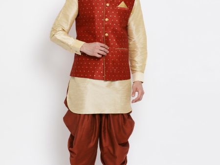 VM by Vastramay Men s Gold Silk Blend Jacket, Kurta And Dhoti Set Hot on Sale