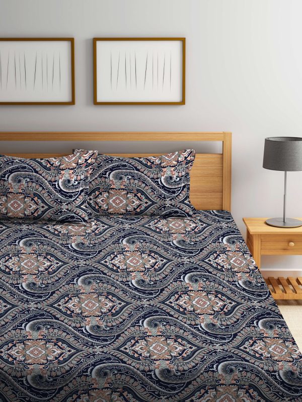 KLOTTHE Blue & Brown Ethnic Motif Printed 300 TC Fitted King Bedsheet With 2 Pillow Covers Hot on Sale