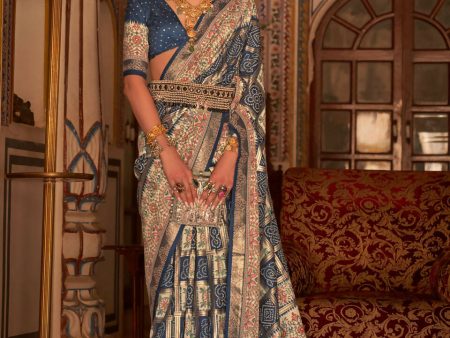 Navy Blue P V Silk Digital Print, Zari Work Printed Saree - Rewaa Parampara Online Sale