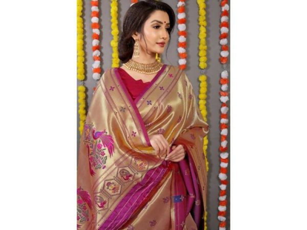 Aastha Fashion Women s Wine Paithani Silk Zari Woven Saree with Blouse on Sale