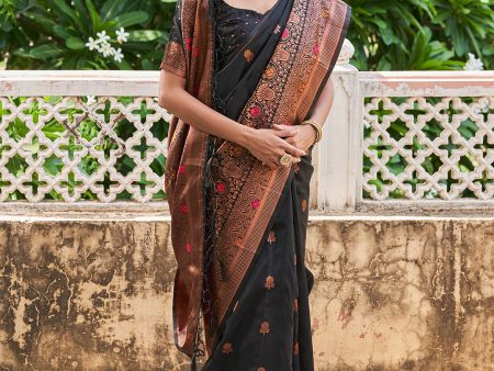 Janasya Black Banarasi Silk Woven Floral Design Banarasi Silk Saree Cheap