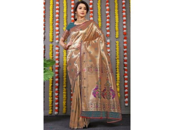 Aastha Fashion Women s Teal Paithani Silk Zari Woven Saree with Blouse For Cheap