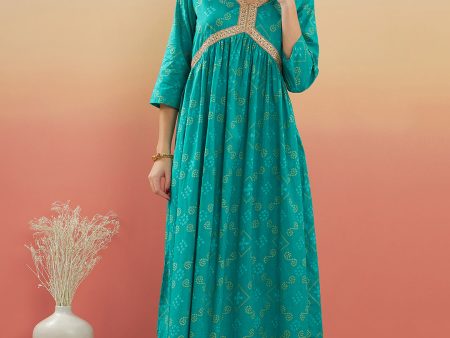 InWeave Women s Aqua S Print Alia Cut Gota Work Kurta Set For Discount