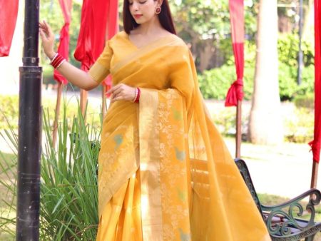 Aastha Fashion Yellow Thread Woven Cotton Silk Saree with Blouse Discount