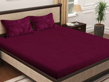 KLOTTHE Maroon 300 TC Woolen Fitted Double King Bedsheet With 2 Pillow Covers For Cheap