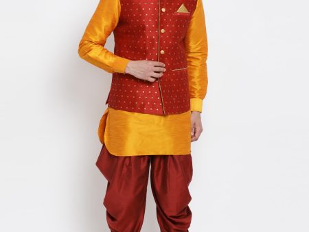 VM by Vastramay Men s Orange Silk Blend Jacket, Kurta And Dhoti Set Hot on Sale