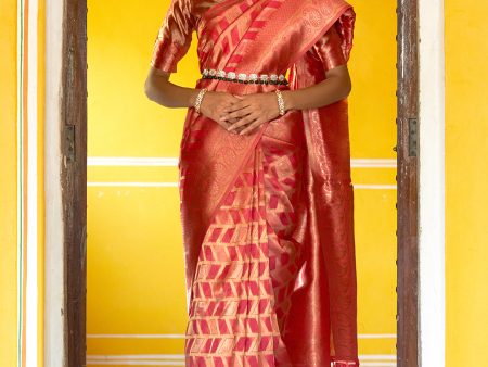 Janasya Pink Organza Woven Geometric Design Kanjeevaram Saree Online