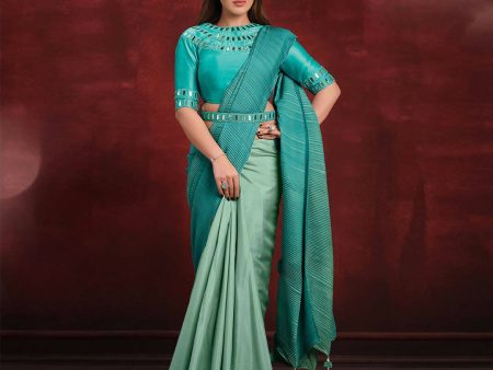 Aqua Blue Crepe Silk Georgette Mirror Thread Work  Texture Pallu Saree - Mohmanthan Kimiya For Discount