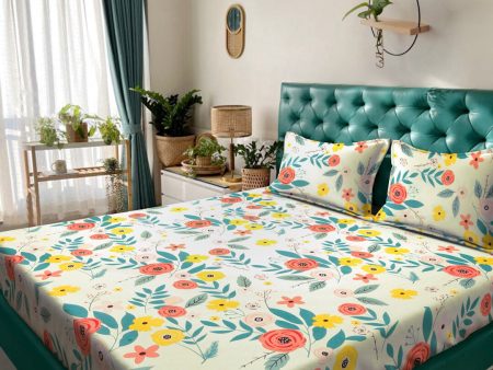 KLOTTHE White & Blue Floral Printed 300 TC King Bedsheet With 2 Pillow covers For Cheap