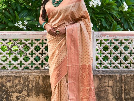 Janasya Beige Chanderi Silk Ethnic Motifs Woven Design Saree Discount