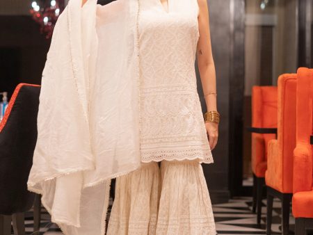 Malishka Cotton Kurta Sharara Set With Dupatta - White Sale