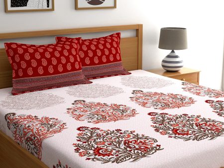 My Room Red & White Ethnic Motifs 140 TC King Bedsheet with 2 Pillow Covers For Discount