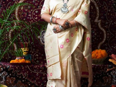 Aastha Fashion Beige Woven Soft Linen Silk Saree with Blouse For Discount