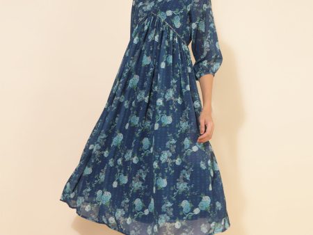 Janasya Blue Georgette Floral Printed Casual Kurta on Sale