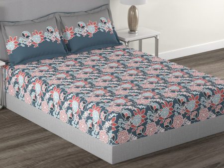 MYTRIDENT Blue Green Floral Cotton 144 TC Queen Bedsheet With 2 Pillow Covers Online Hot Sale