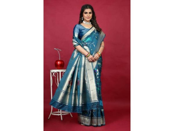 Aastha Fashion Women s Teal Paithani Silk Zari Woven Saree with Blouse For Sale