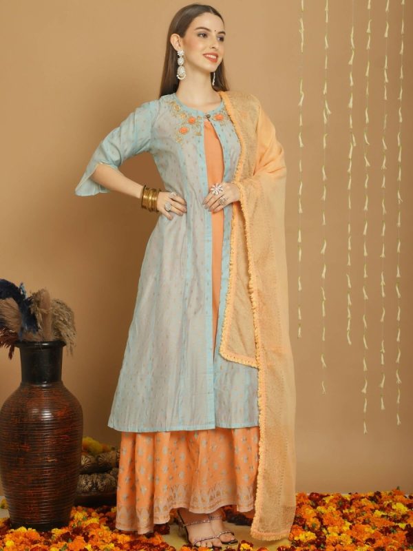 Aastha Fashion Women s Turquoise Chanderi Silk Elegant Jardoshi Kurta with Trouser & Dupatta on Sale