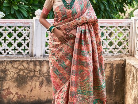 Janasya Beige Cotton Silk Pashmina Woven Design Saree For Discount