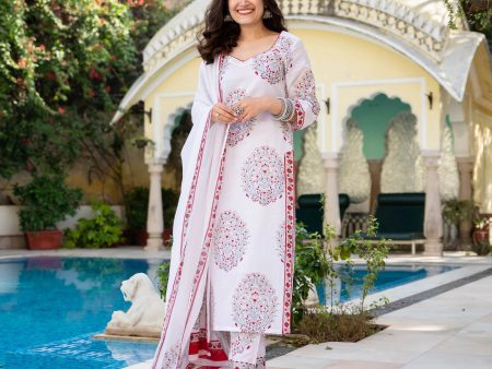 Indian Clothing Malishka Women s White Cotton Floral Printed Kurta Pant Set With Dupatta - White Cheap