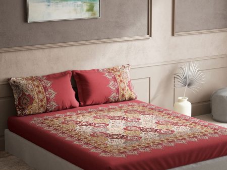 DDecor Red & White Ethnic Motifs Cotton 140 TC King Bedsheet with 2 Pillow Covers Fashion