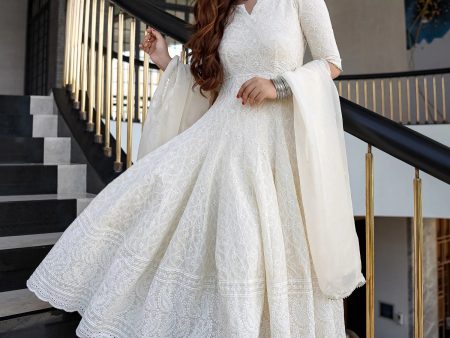 Indian Clothing Malishka Women s White Cotton Chikankari Gown with Dupatta Set - White Online Hot Sale