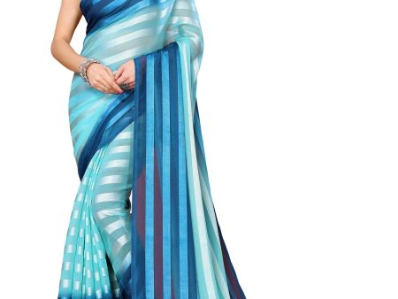 Vamika Georgette Satin Sky Blue Desinger Satin Patta Saree For Discount