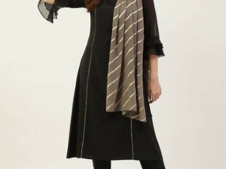 FIORRA Women s Black Poly Crepe A-Line Kurta Pant With Dupatta For Sale