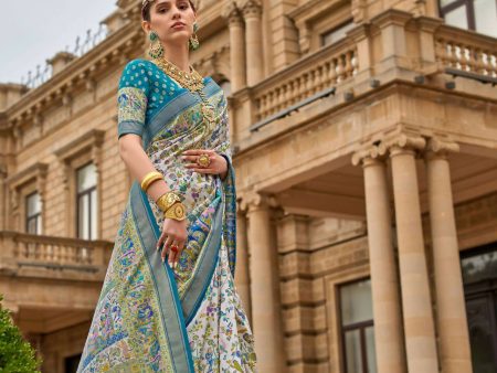 Keppel Blue & White Superior V.P.Silk Woven Printed Patola Silk Saree - Rewaa Milano Online Hot Sale