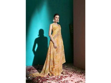 Aastha Fashion Women s Yellow Floral Printed with Foil Embellished Weightless Saree with Blouse Sale