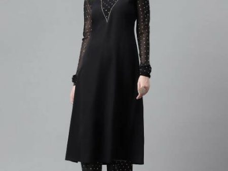 FIORRA Women s Black Poly Crepe A-Line Kurta Set Online