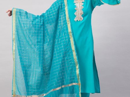 InWeave Women s Aqua Organza Sleeve Kurta Set With Teal Gold Check Dupatta Hot on Sale