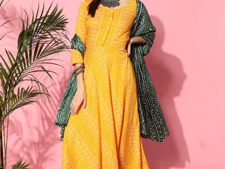 InWeave Women s Yellow Bandhani Long Anarkali Kurta With Green Bandhani Dupatta Discount