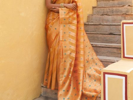 Janasya Yellow Organza Woven Leheriya Kanjeevaram Saree For Sale