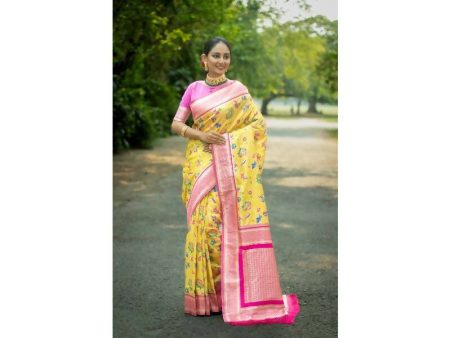 Aastha Fashion Women s Yellow Banarasi Silk Meenakari Zari Woven Saree with Blouse on Sale