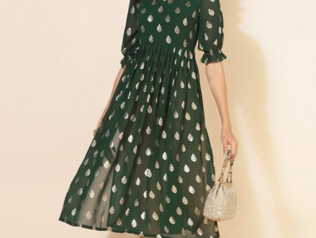 Janasya Bottle Green Georgette Foil Printed Festive Kurta Sale