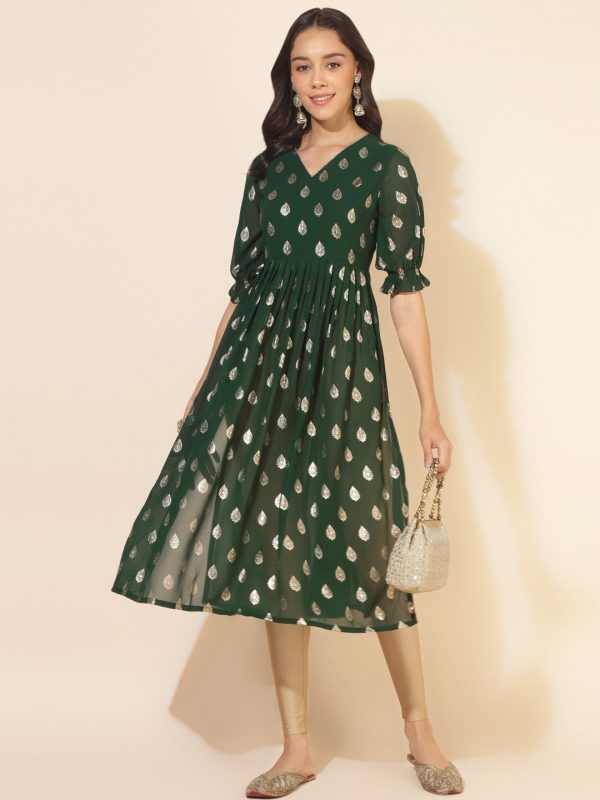 Janasya Bottle Green Georgette Foil Printed Festive Kurta Sale