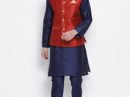 VM by Vastramay Men s Deep Blue Silk Blend Jacket, Kurta And Pyjama Set Supply